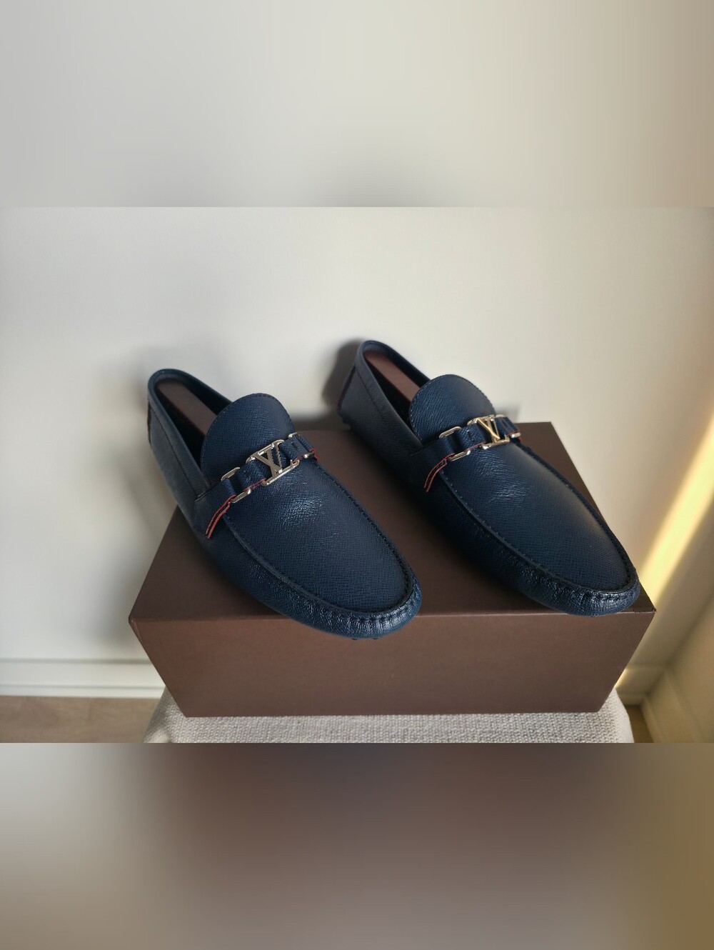 Louis Vuitton Navy Leather Slip-On Loafers with Gold LV Buckle Size 11 LV